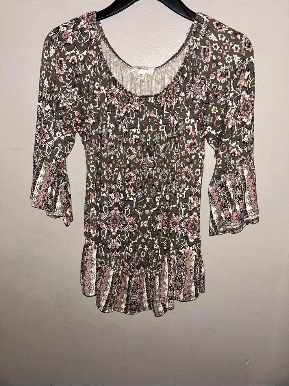 Floral Print Off Shoulder Boho Top - neutral colors, ruffle trim